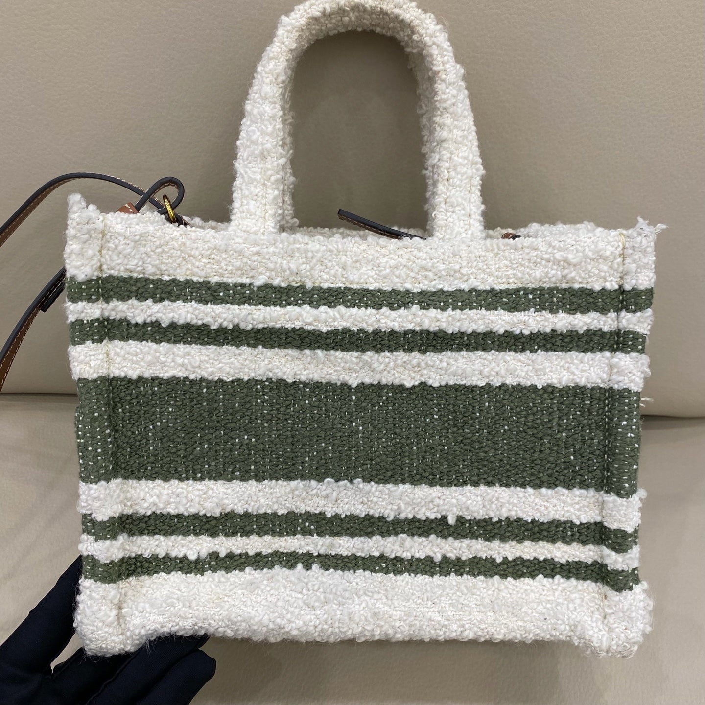 Celine - Triomphe Striped Small Tote Bag - Textured bouclé fabric and leather - White and Green - (small)