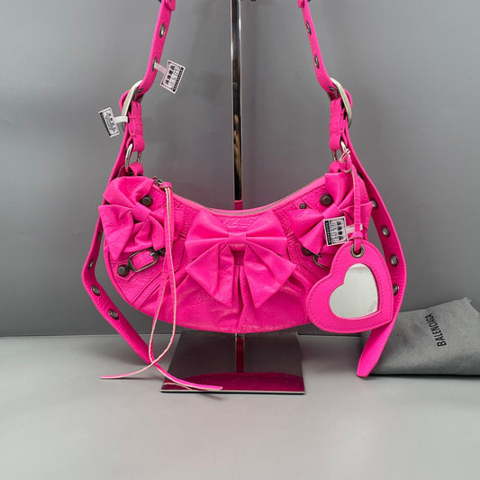 Balenciaga - Bow Detail Crescent Shoulder Bag - Distressed lambskin leather - Fuchsia - (Mini)