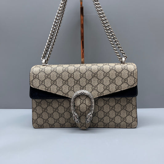 Gucci - Dionysus Shoulder Bag - GG Supreme coated canvas with black suede and leather trim - Beige and Black - (medium)