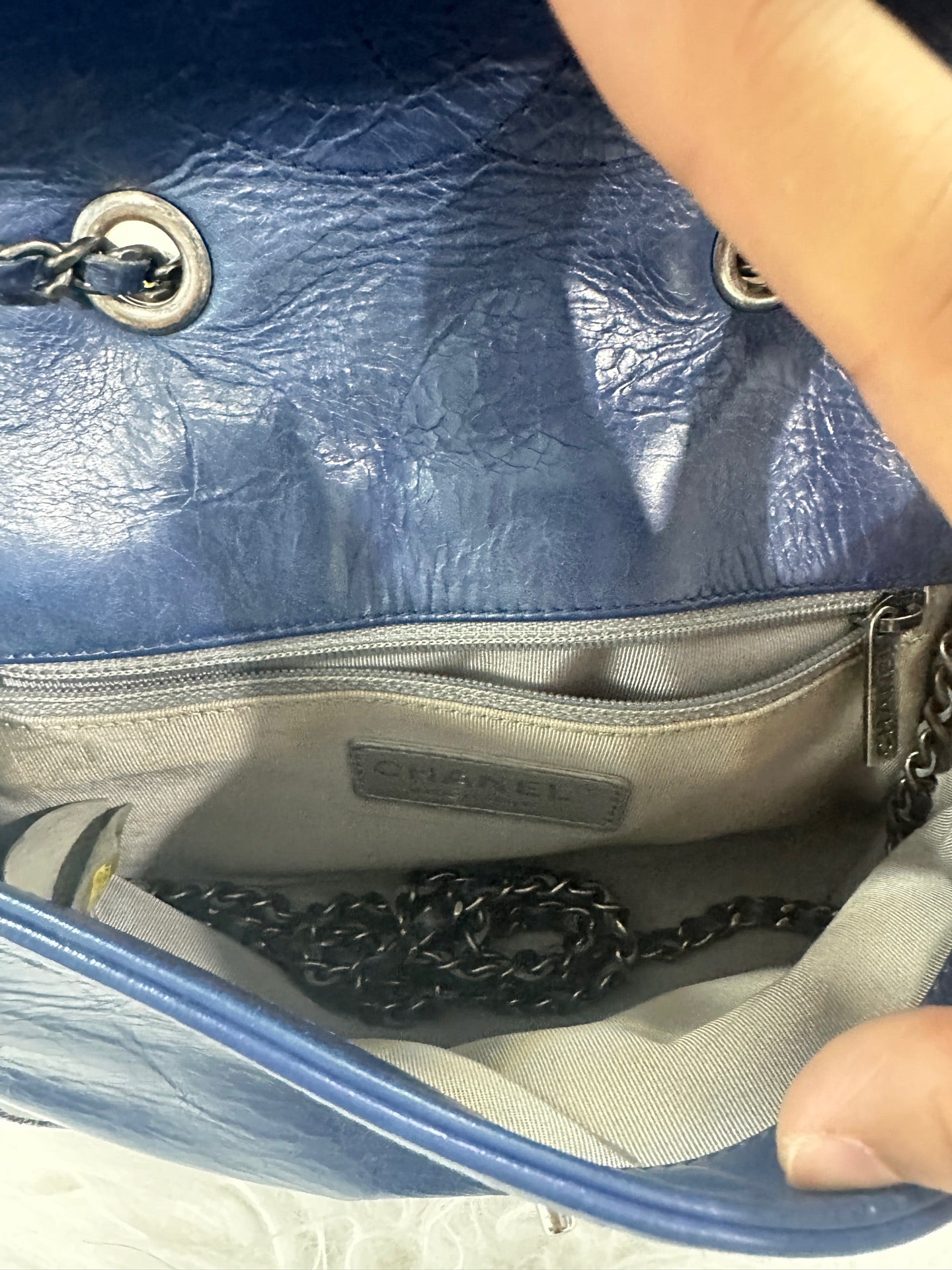 Chanel - Seasonal Flap Bag - Cowhide leather with textile panels - Dark Blue and Grey color-block with silver-tone hardware - (Small)