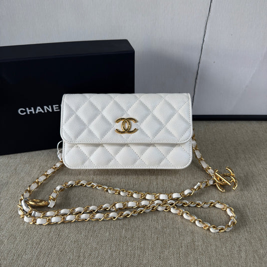 Chanel - Wallet on Chain (WOC) with Adjustable Chain - Pearlescent White Caviar leather - White - (Mini)