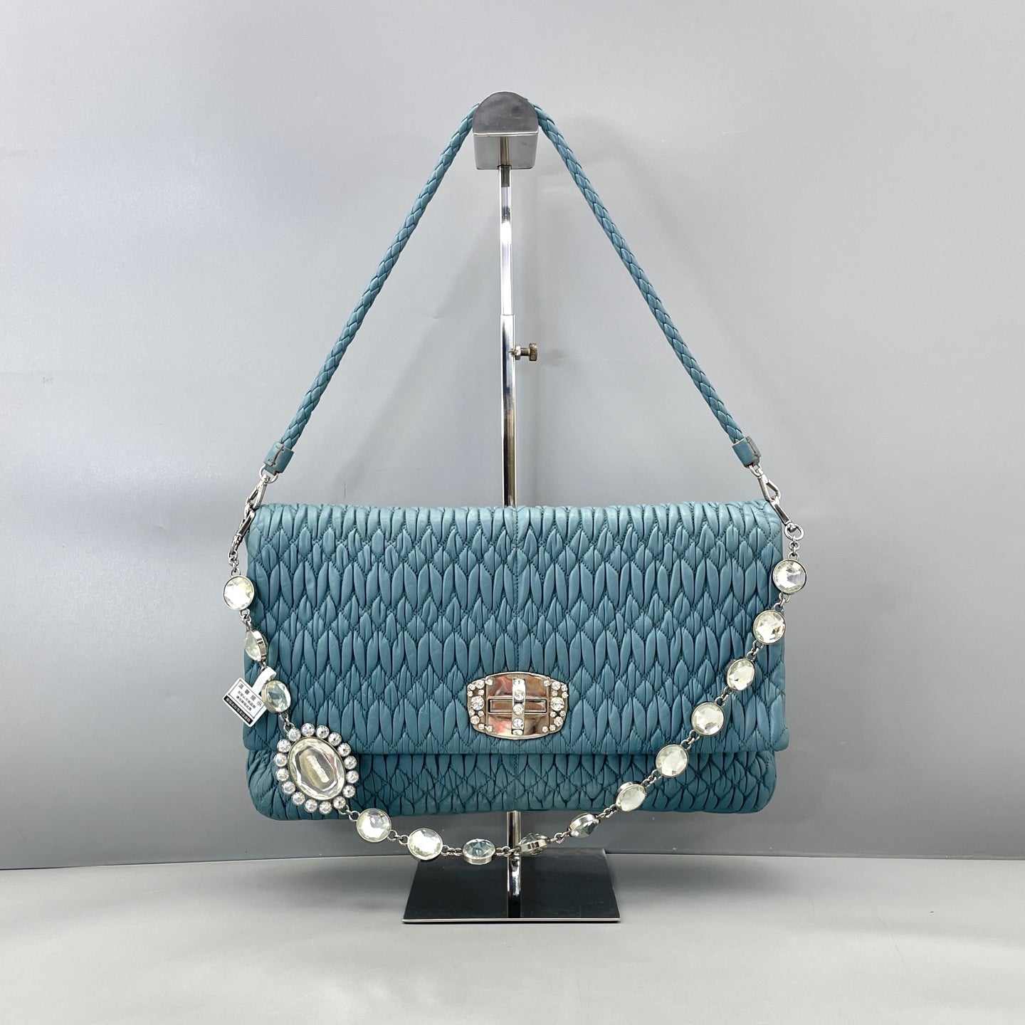 Miu Miu - Matelassé Gemstone Chain Pleated Bag - Leather - Blue - (medium)