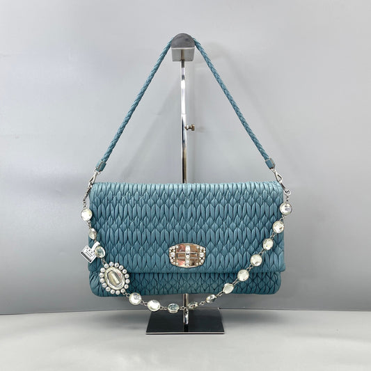Miu Miu - Matelassé Gemstone Chain Pleated Bag - Leather - Blue - (medium)