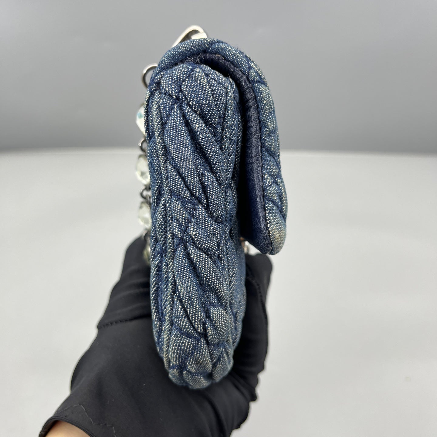 Miu Miu - Matelassé Denim Gemstone Chain Flap Bag - Denim - Blue - (mini)