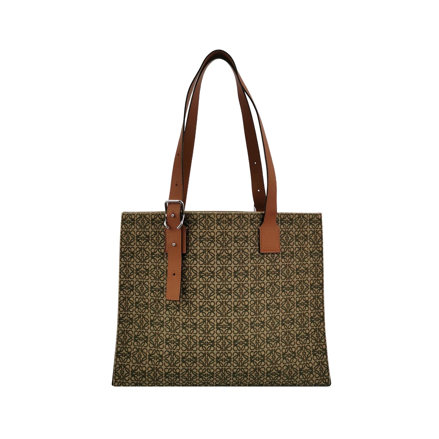 Loewe - Buckle Tote - Canvas with calfskin leather trim - Beige and Green with Brown Leather Trim - (medium)
