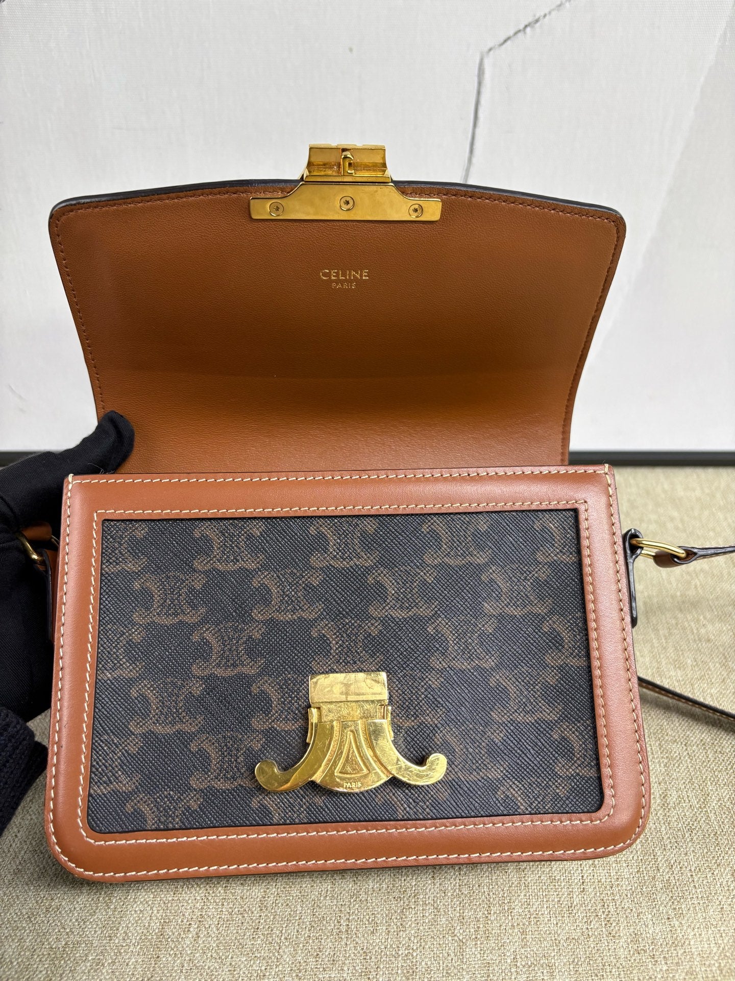 Celine - Triomphe Teen Box - Monogram canvas with calfskin leather trim - Brown and Black with Camel accents - (small)