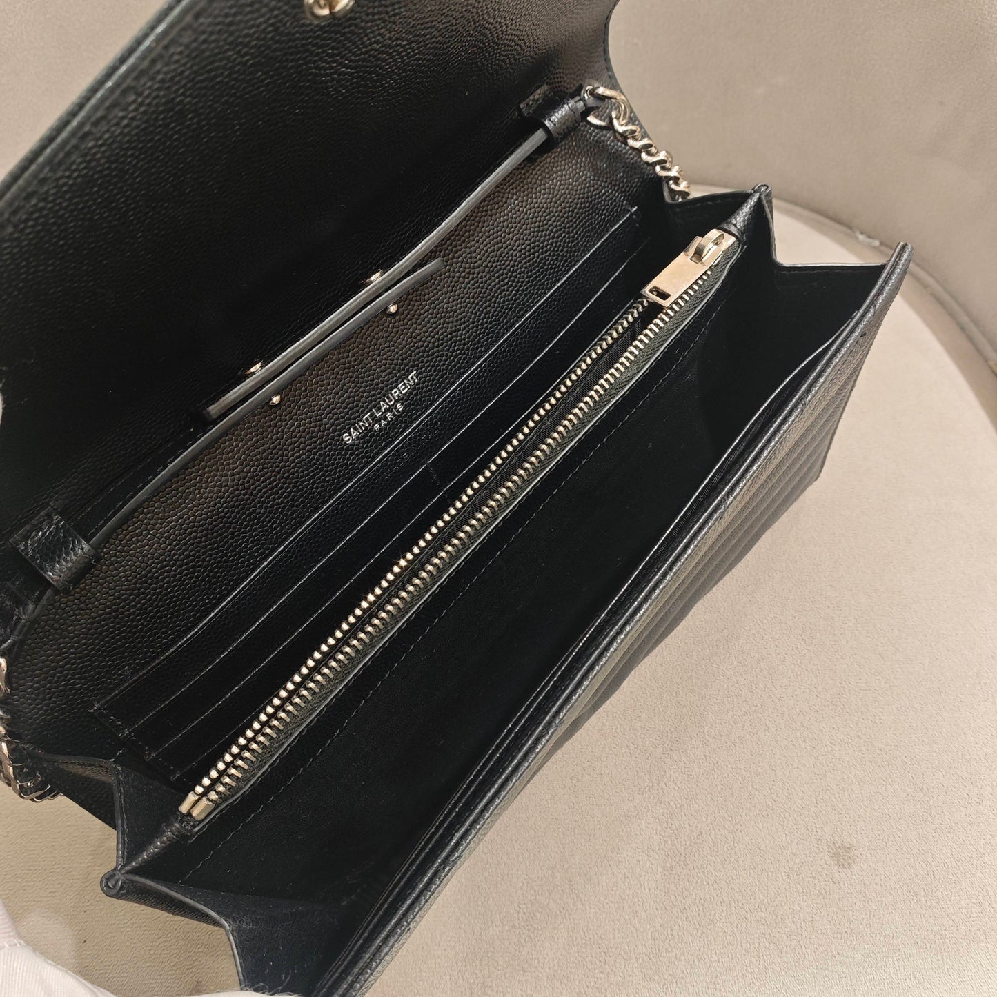 Saint Laurent - Monogram Envelope Chain Wallet - Grained calfskin leather - Black - (Mini)