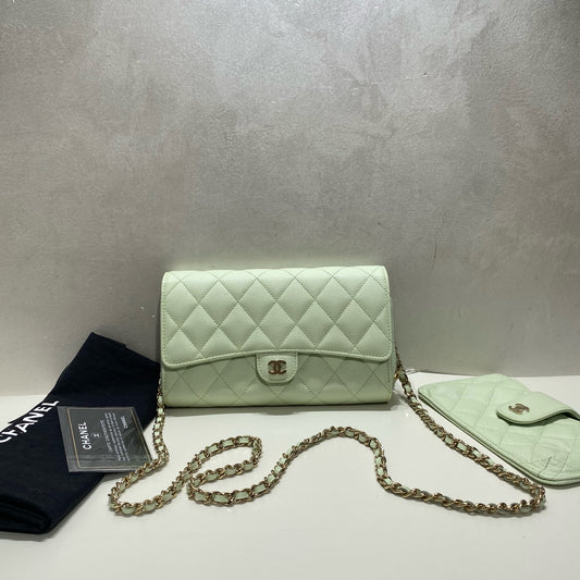 Chanel - Classic Flap Wallet on Chain (WOC) 2-in-1 - Caviar leather - Mint Green - (Small)