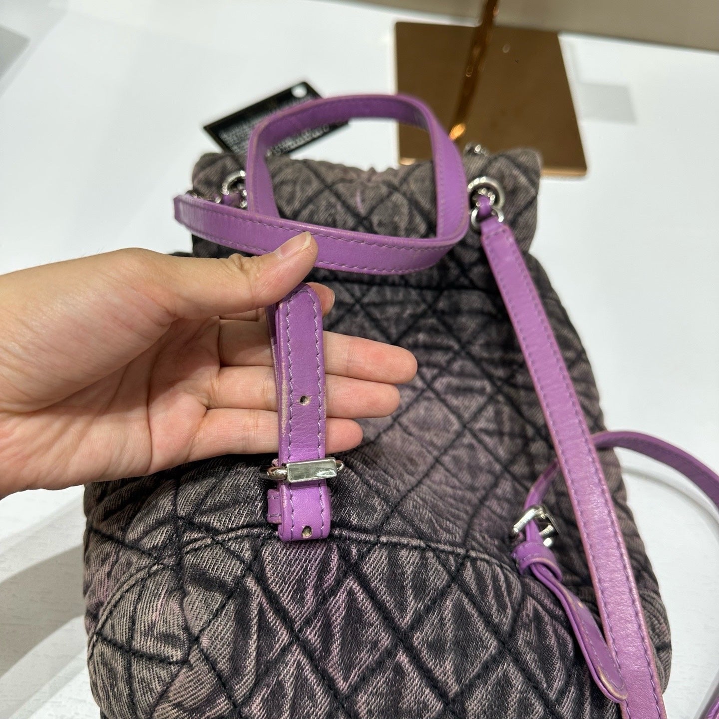 Chanel - Salzburg Washed Denim Drawstring Backpack - Denim with leather trim - Purple - (Small)