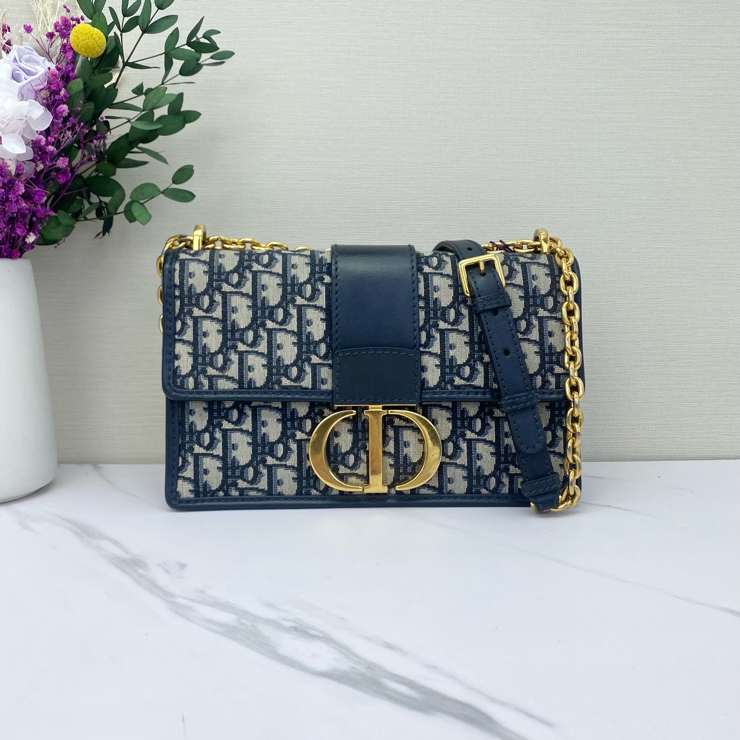Dior - 30 Montaigne - Dior Oblique embroidered canvas with leather trim - Navy blue and beige - (small)