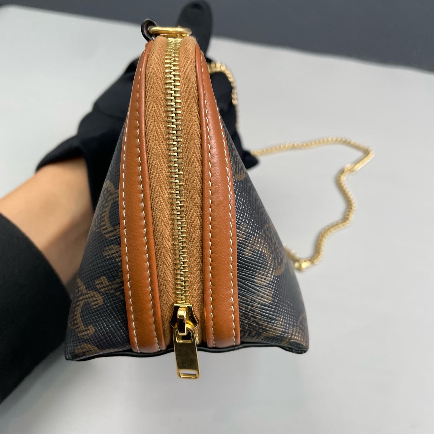 Celine - Triomphe Monogram Shell Chain Bag - Triomphe coated canvas with tan leather trim - Brown - (mini)