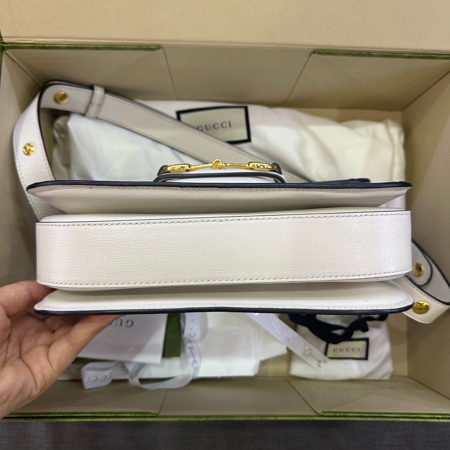 Gucci - 1955 Horsebit Shoulder Bag - GG Supreme canvas with leather trim - Beige and White - (medium)