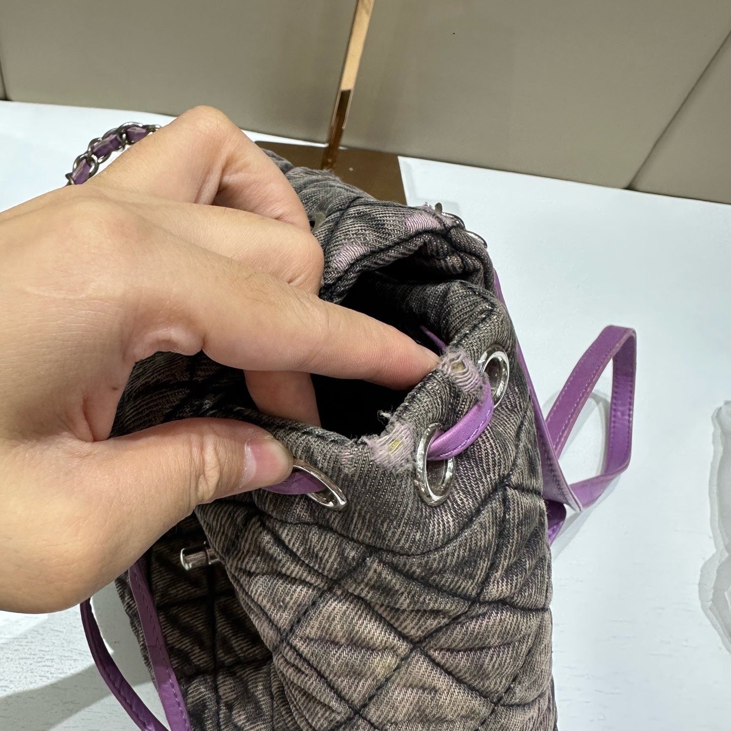 Chanel - Salzburg Washed Denim Drawstring Backpack - Denim with leather trim - Purple - (Small)