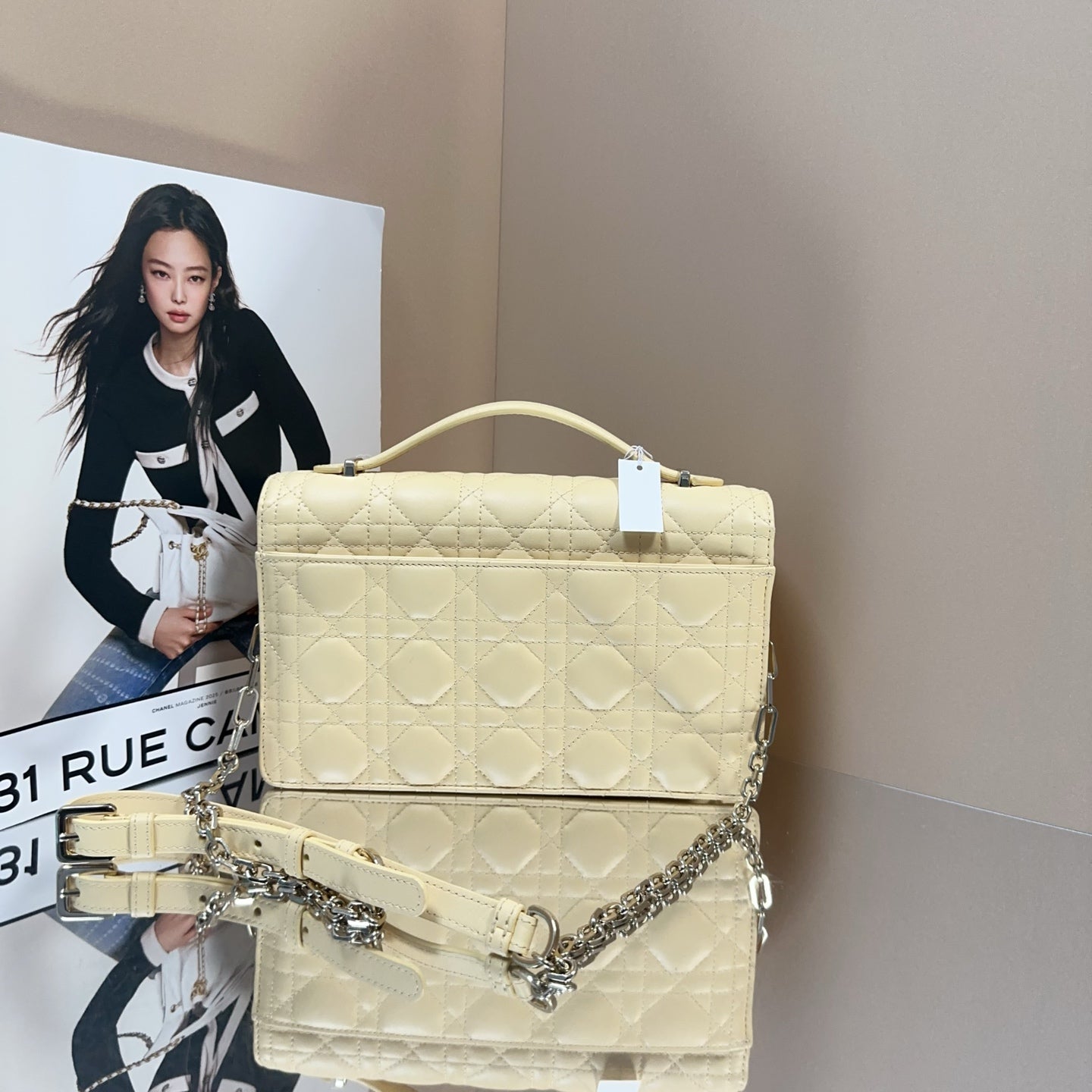 Dior - Miss Dior with Top Handle Chain Bag - Leather - Pale Yellow with Silver-Tone Hardware - (Medium)