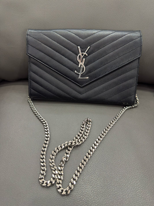Saint Laurent - Envelope Wallet on Chain (WOC) - Grained calfskin leather - Black - (Mini)