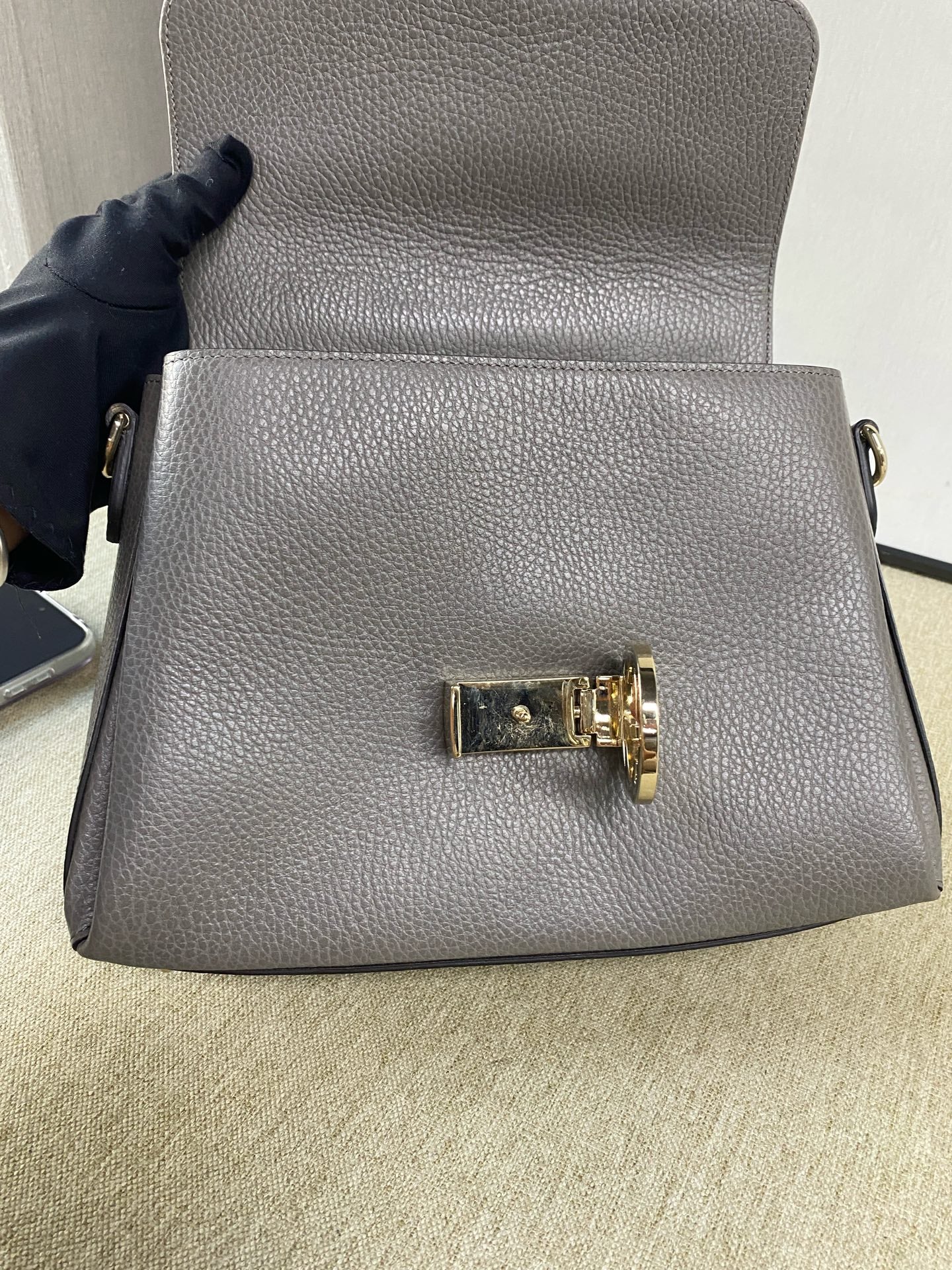Gucci - Interlocking G Top Handle Flap Bag - Grained calfskin leather with canvas lining - Grey - (Medium)