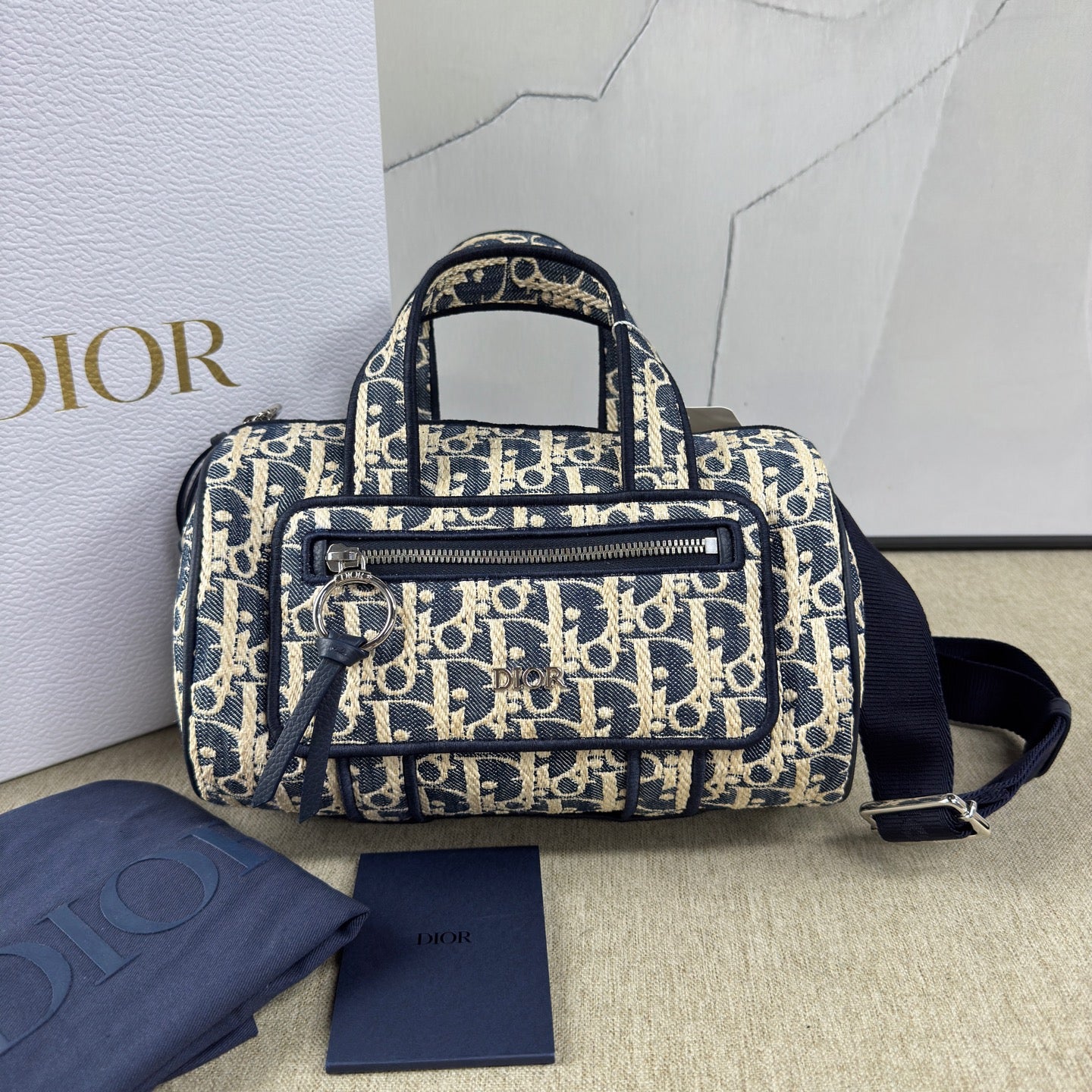Dior - Dior Oblique Denim Cylinder Bag - Denim with leather trim and embroidery - Blue - (mini)