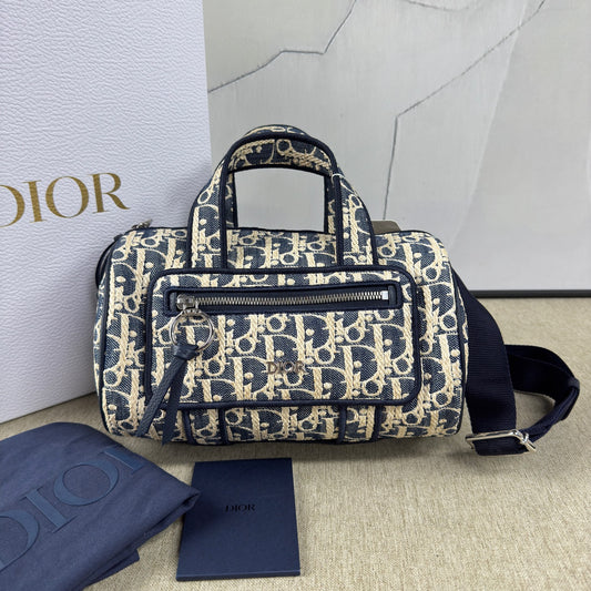 Dior - Dior Oblique Denim Cylinder Bag - Denim with leather trim and embroidery - Blue - (mini)