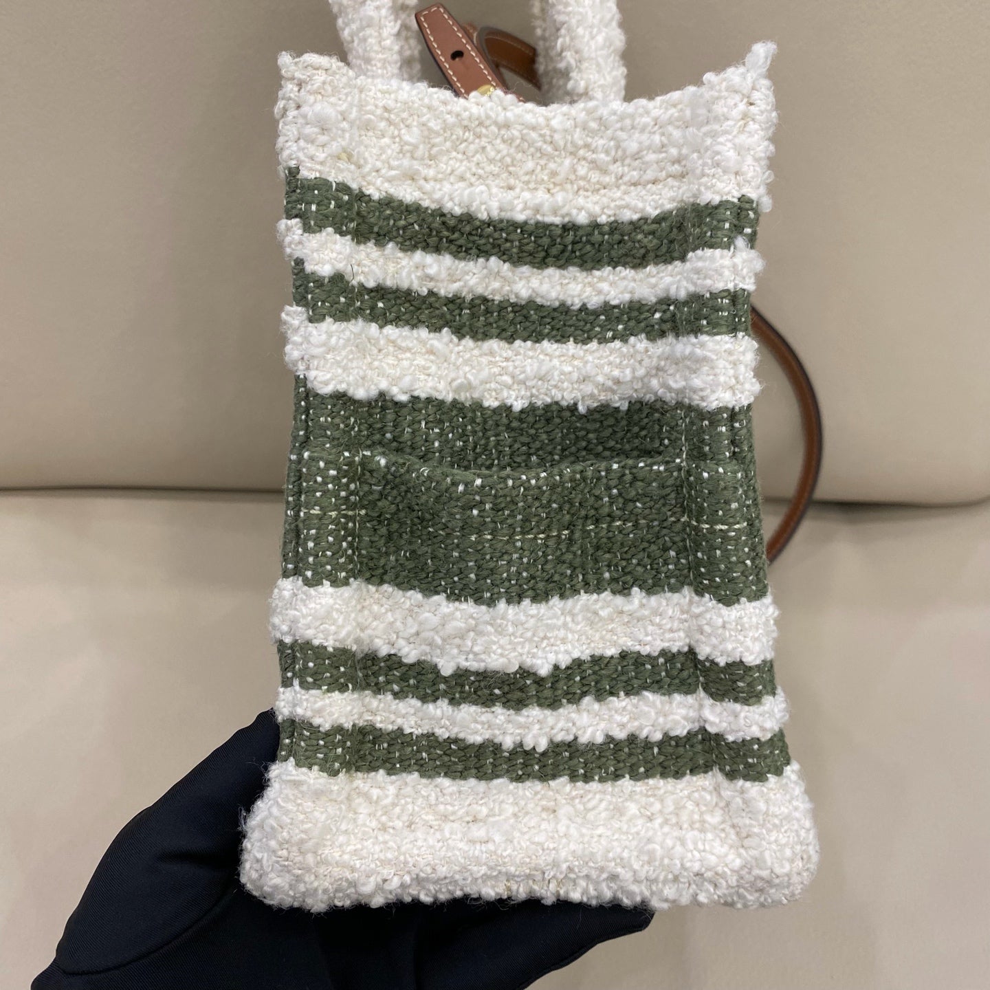 Celine - Triomphe Striped Small Tote Bag - Textured bouclé fabric and leather - White and Green - (small)