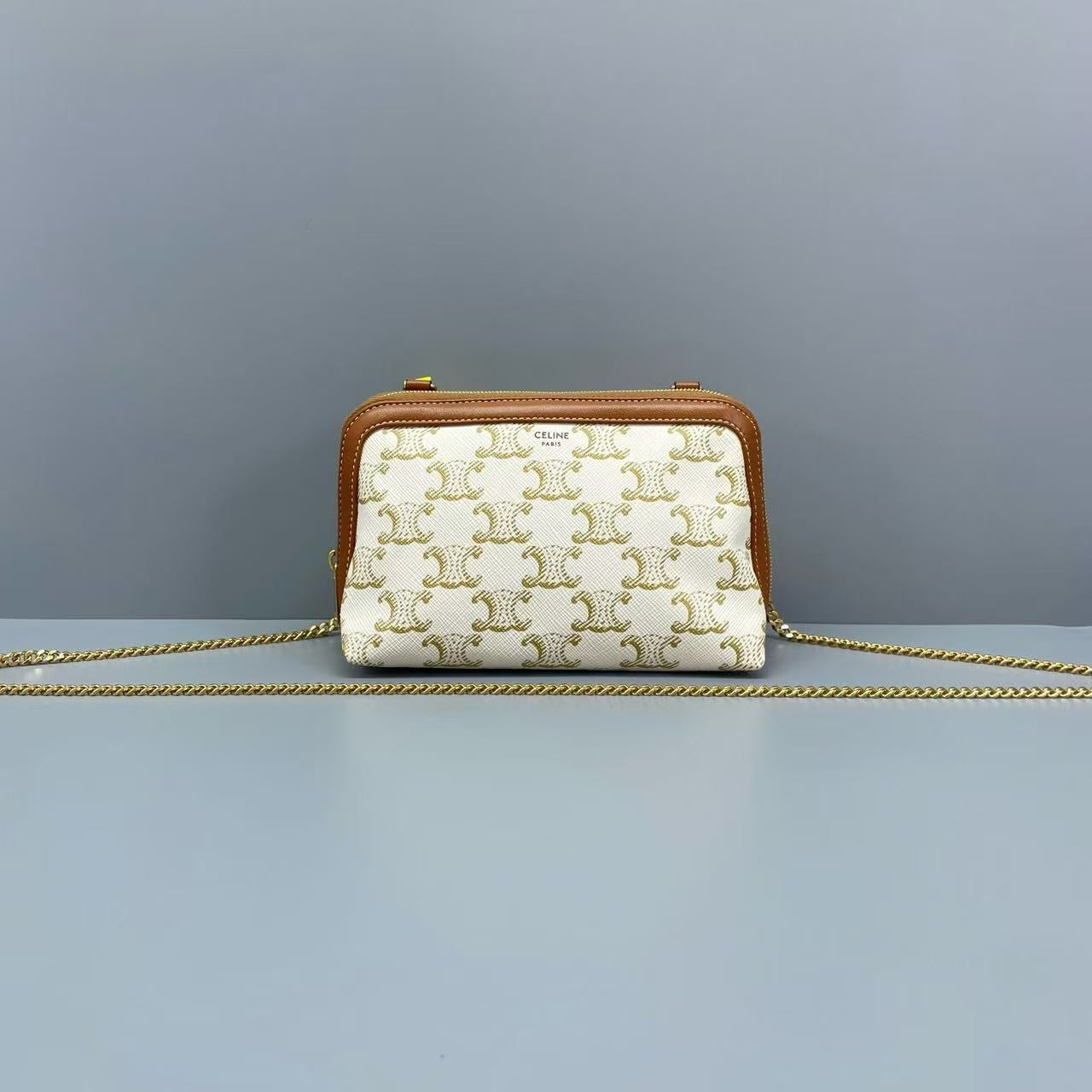 Celine - Triomphe Shell Bag - Triomphe Canvas with leather trim - White and Brown - (mini)