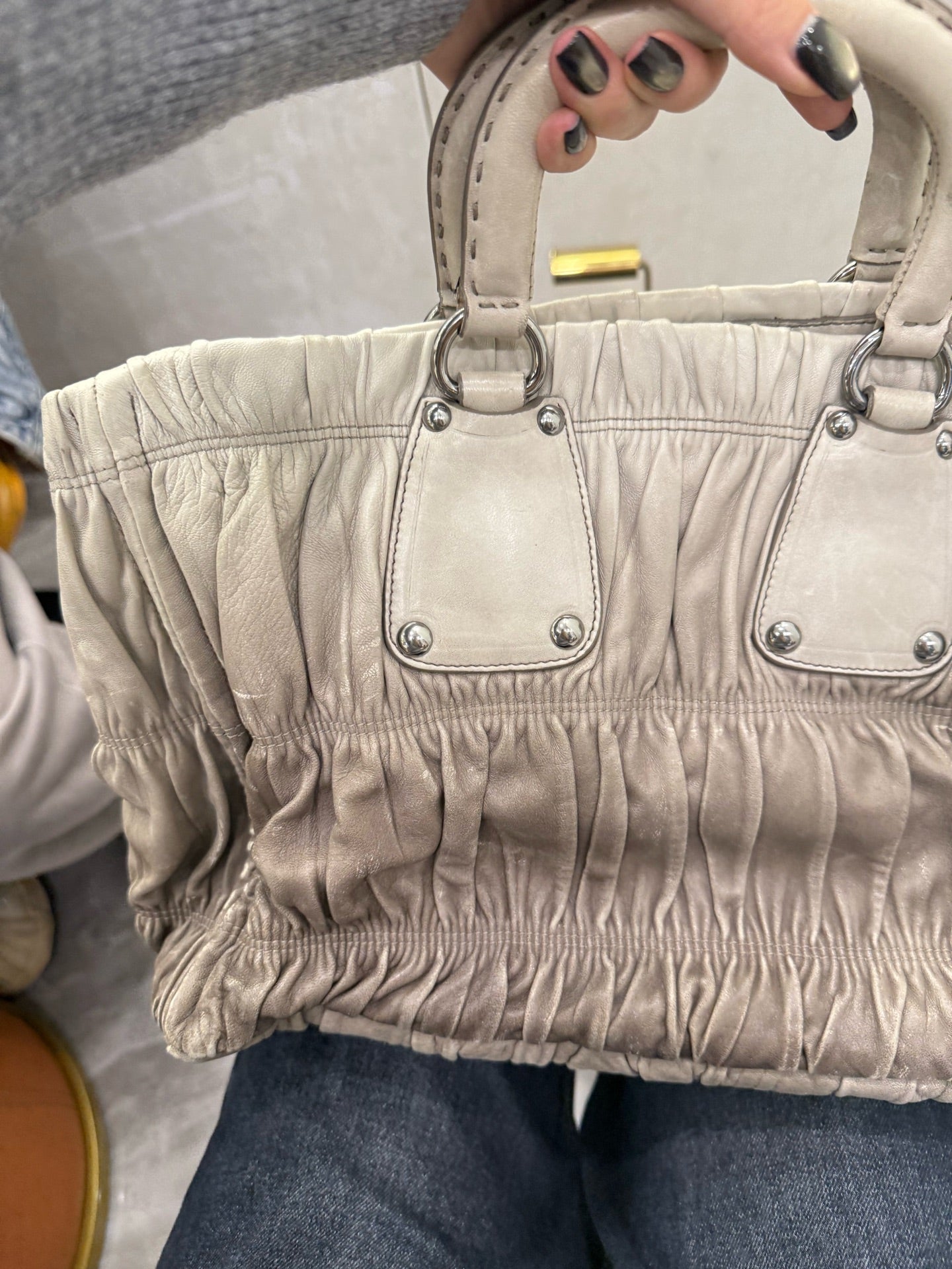 Prada - Nappa Gaufre Pleated Tote - Lambskin leather - Grey - (medium)