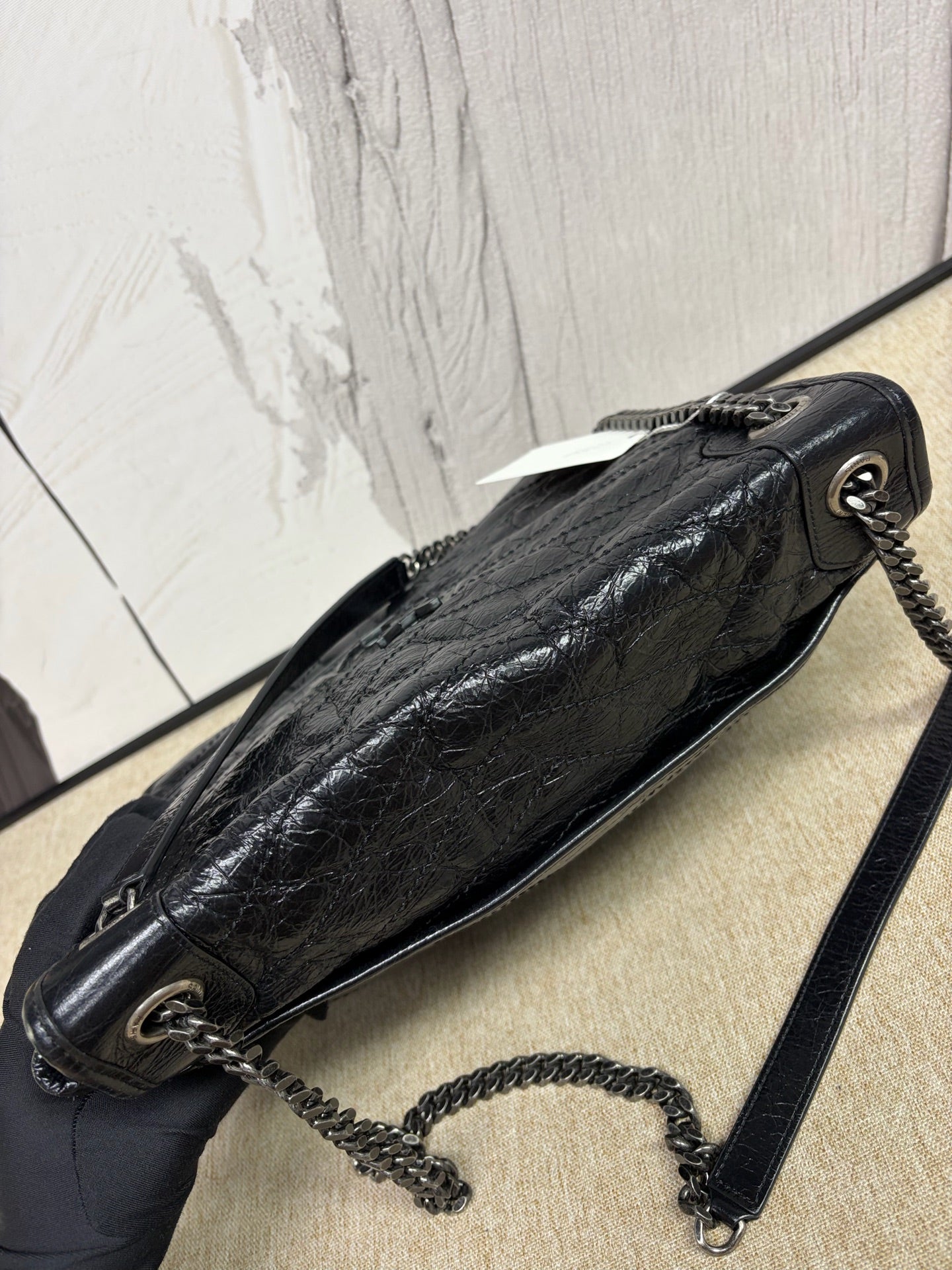 Saint Laurent - Niki Large - Oiled waxed calfskin leather - Black with Ruthenium-Tone Hardware - (Large)