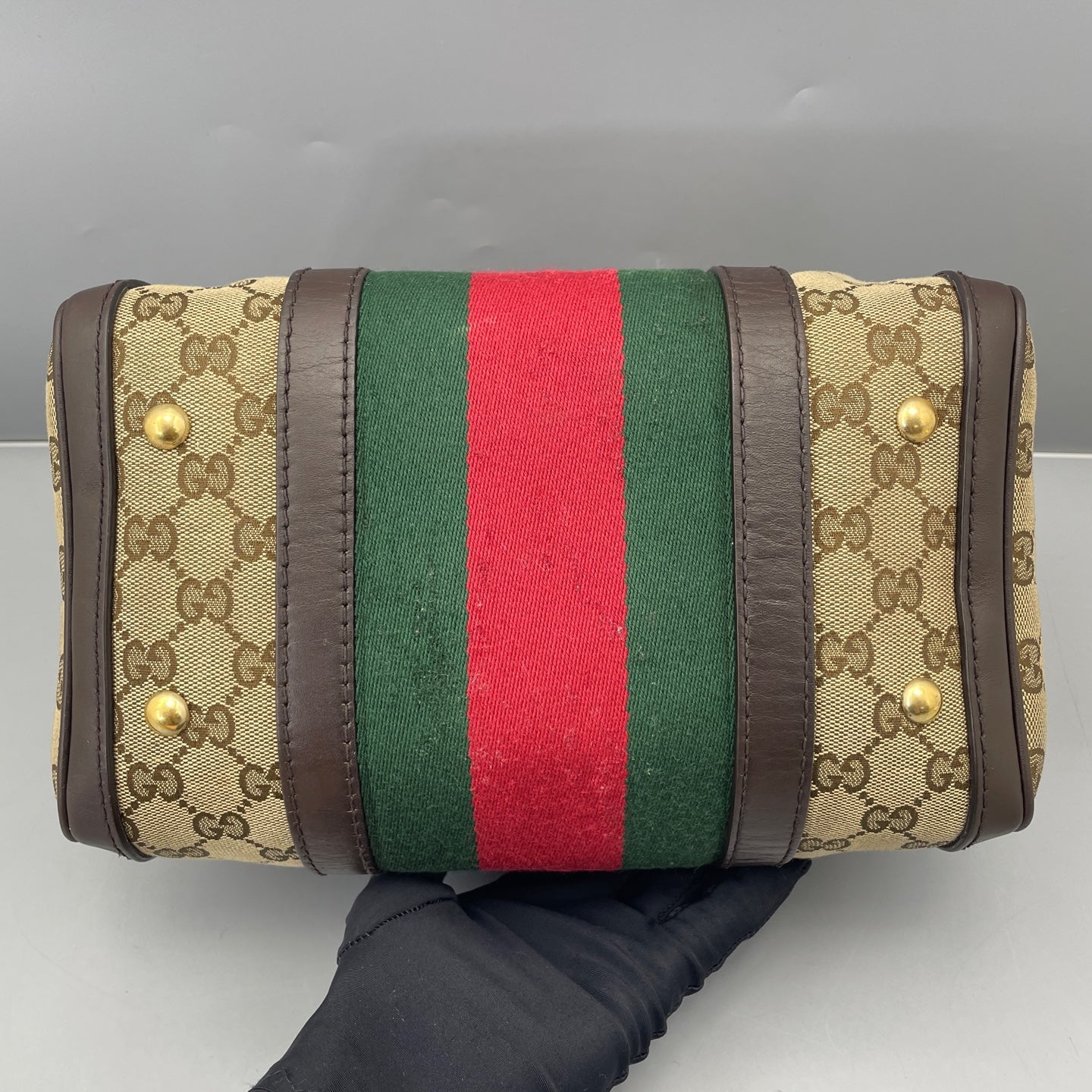 Gucci - Boston Bag - GG Monogram Coated Canvas with Leather Trim - Beige and Brown with Red and Green Accents - (small)