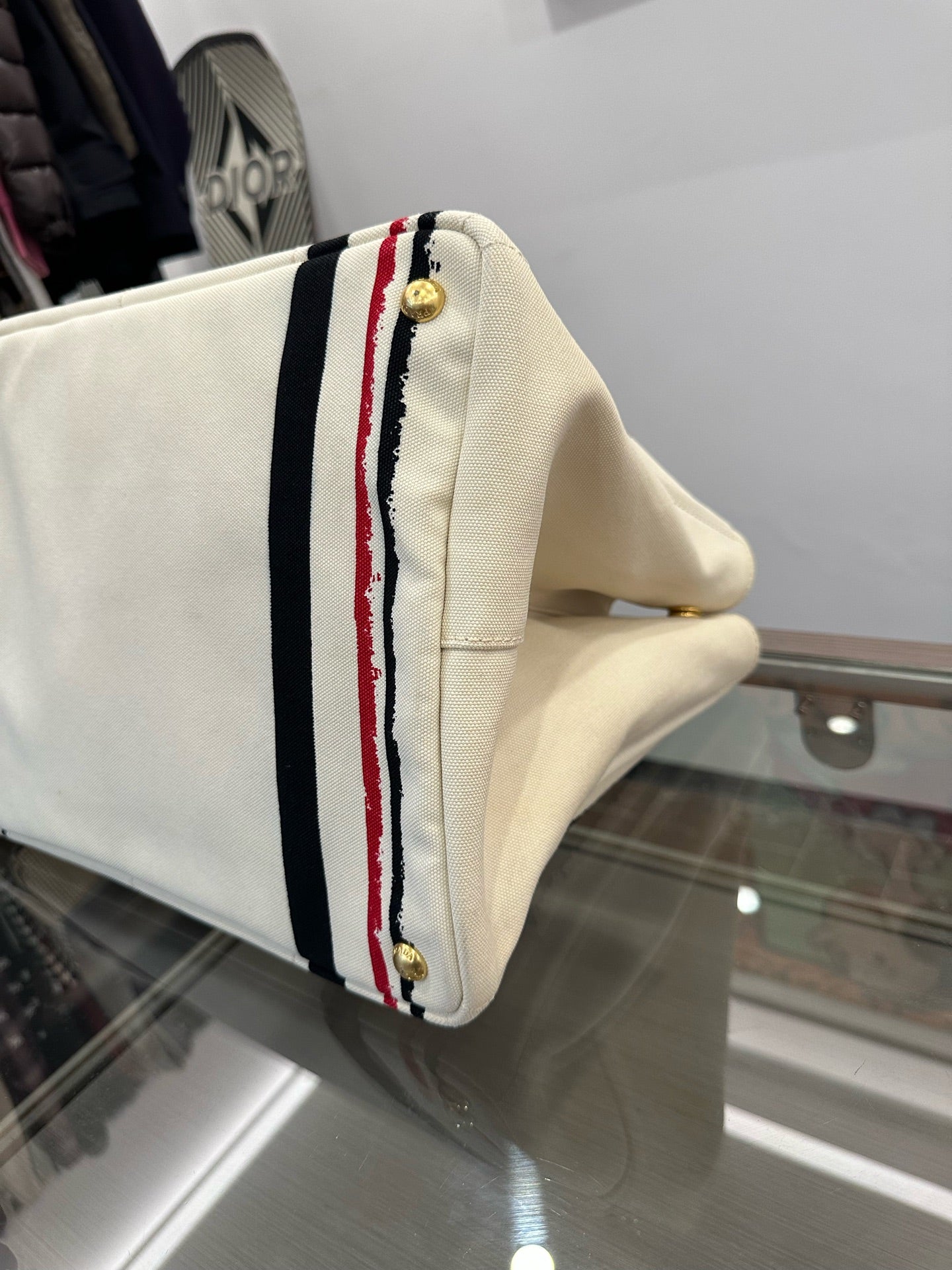 Prada - Canvas Striped Tote Bag - Canvas - White with Black and Red Stripes - (large)