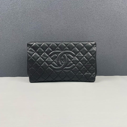 Chanel - Classic Quilted Clutch - Grained Calfskin Leather - Black - (Large)
