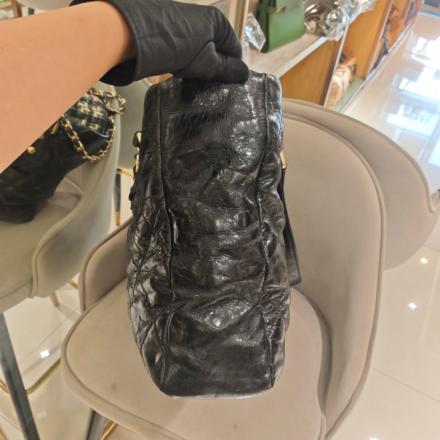 Chanel - Quilted Waxed Leather and Tweed Shopping Tote - Waxed leather and tweed - Black - (Large)