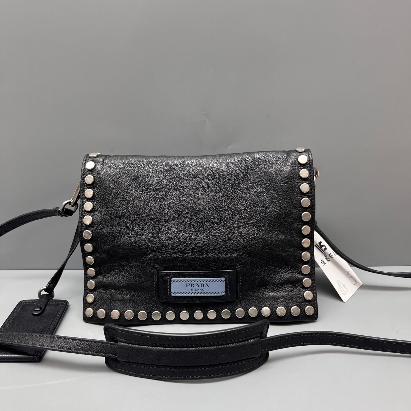 Prada - Etiquette Studded Messenger Bag - Leather - Black - (Mini)