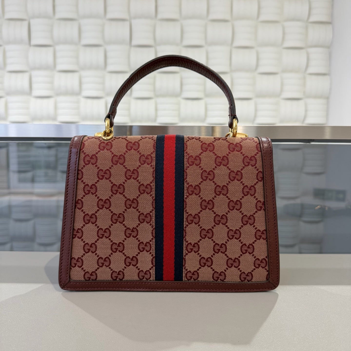Gucci - Ophidia Top Handle Bag - GG Supreme canvas with leather trim - Burgundy - (medium)