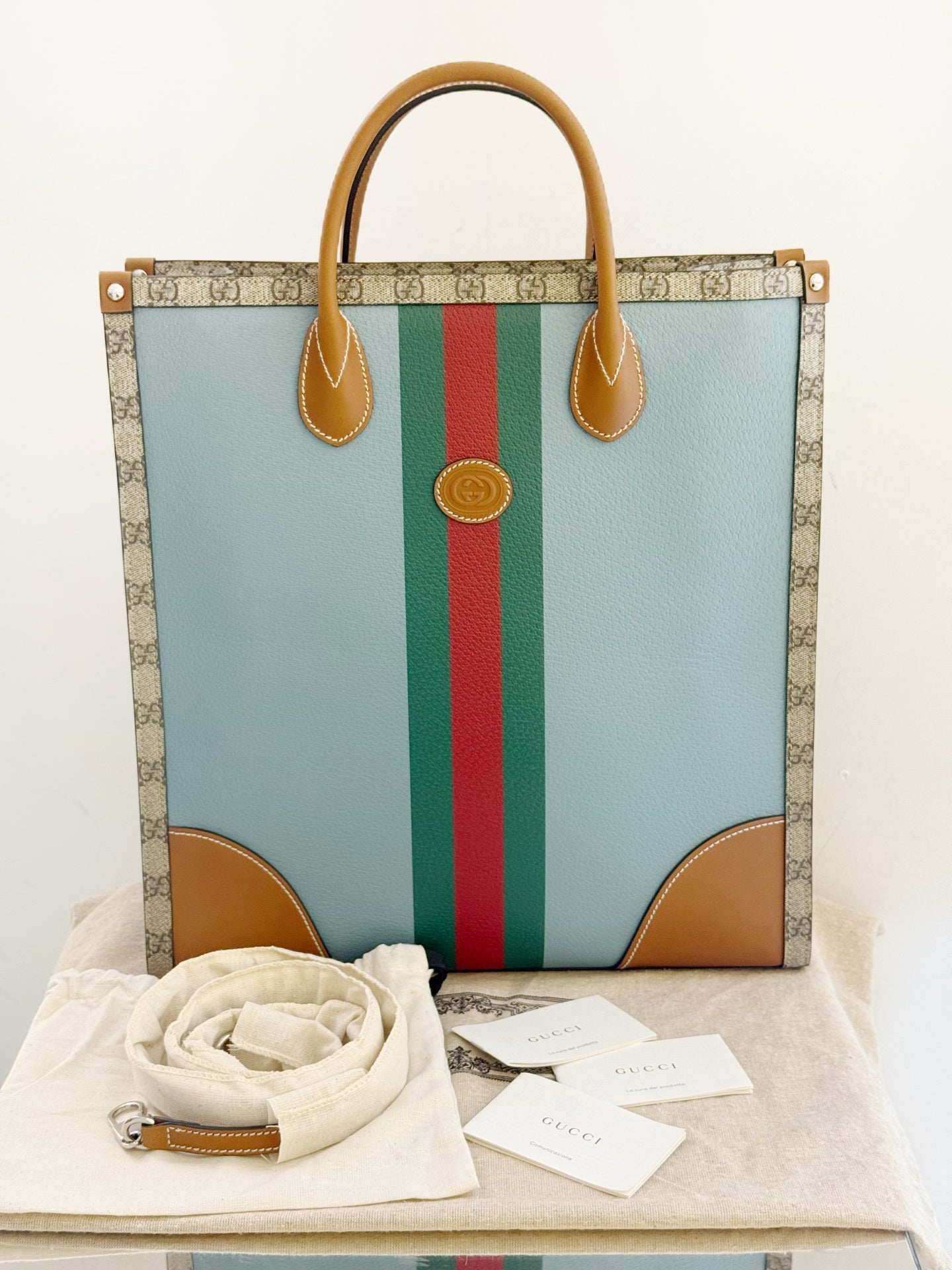 Gucci - GG Supreme Web Stripe Tote Bag - Coated canvas and leather - Brown and Blue - (medium)