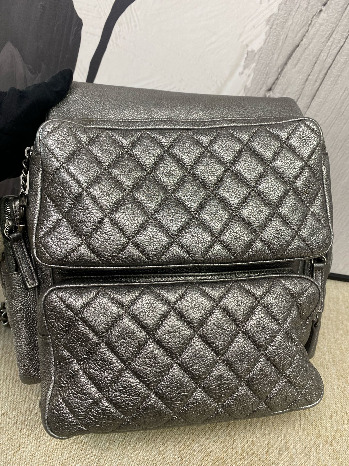Chanel - Multi-Pocket Biker Backpack - Grained calfskin leather - Silver - (medium)