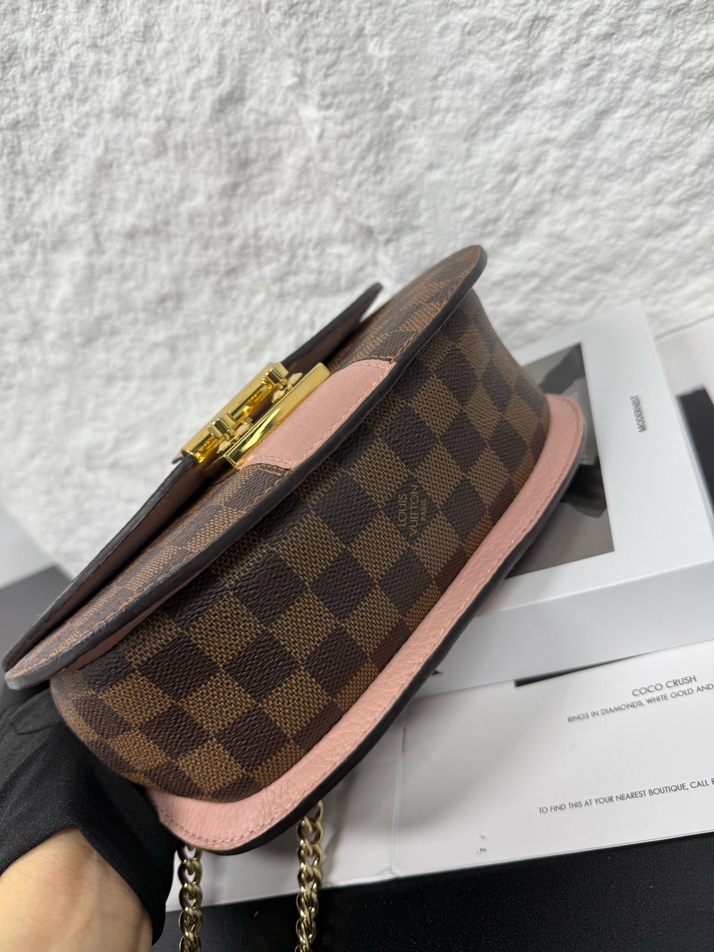 Louis Vuitton - Damier Ebene Pink Saddle Chain Bag - Coated canvas with grained leather trim - Brown and Pink with Gold-Tone Hardware - (Mini)