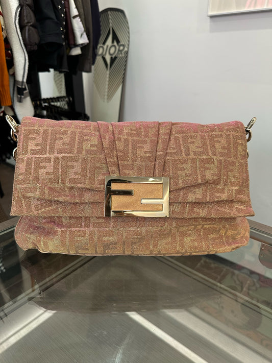 Fendi - Zucca Glitter Shoulder Bag - Glitter-coated canvas with leather trim - Pink with Gold glitter - (large)