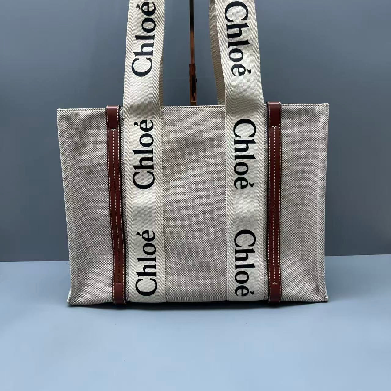 Chloe - Woody Tote Bag - Canvas with Leather Trim - Beige and Brown - (medium)