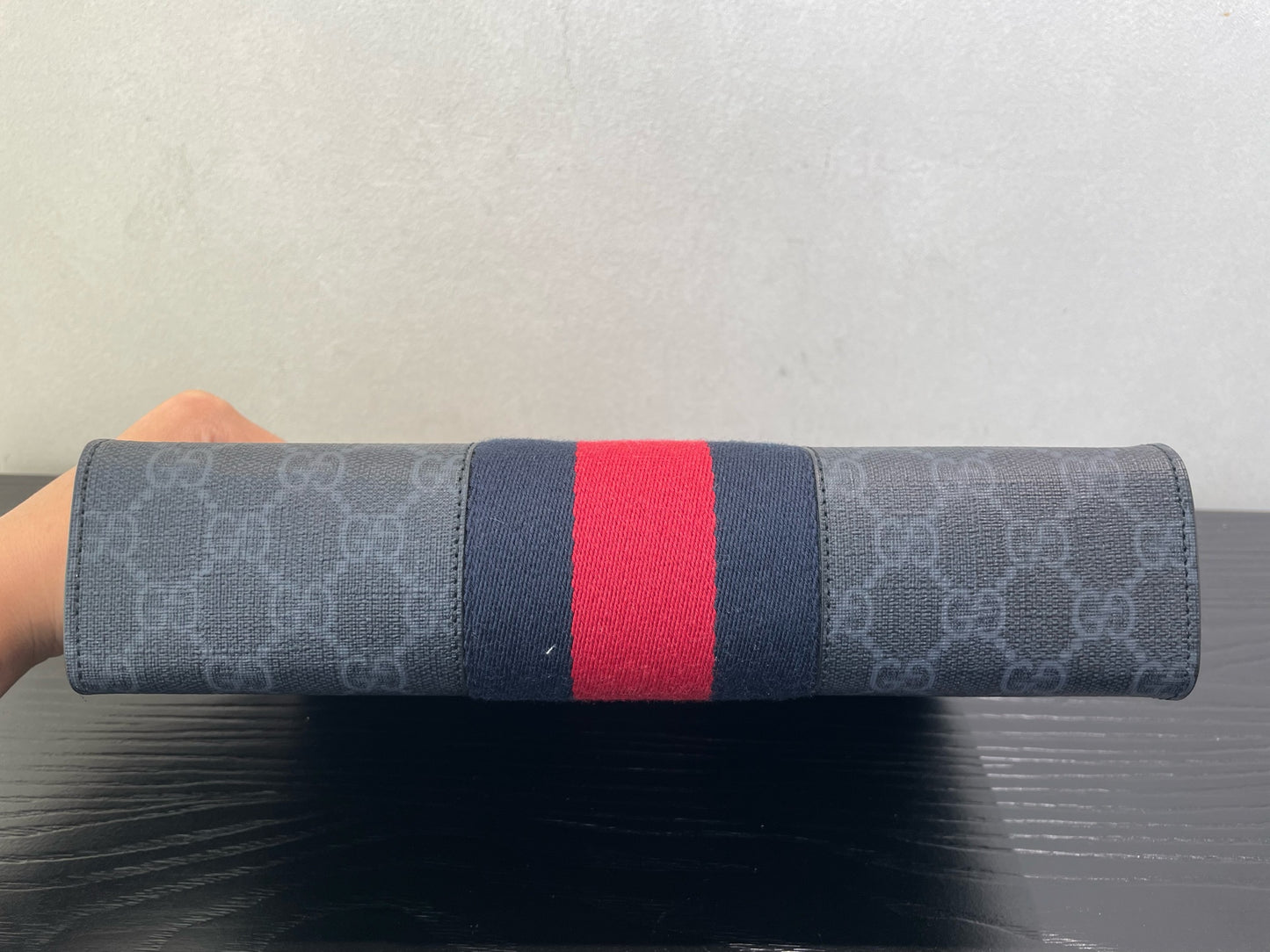 Gucci - GG Supreme Web Stripe Pouch - Coated canvas with leather trim and textile Web stripe - Grey with Red and Blue accents - (Medium)