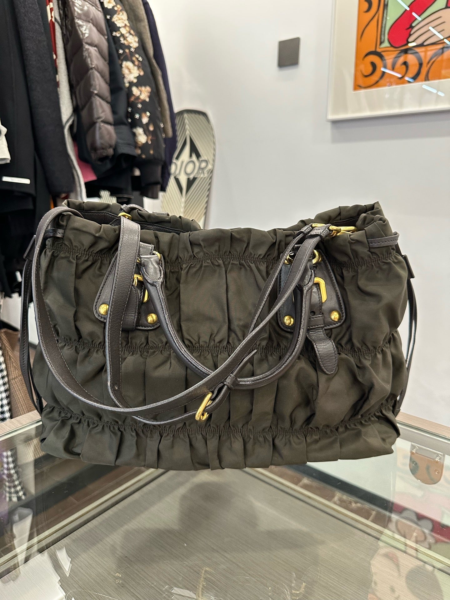 Prada - Gaufré Pleated Tote Bag - Polyamide with Leather trim - Military Green with Gold-Tone Hardware - (medium)