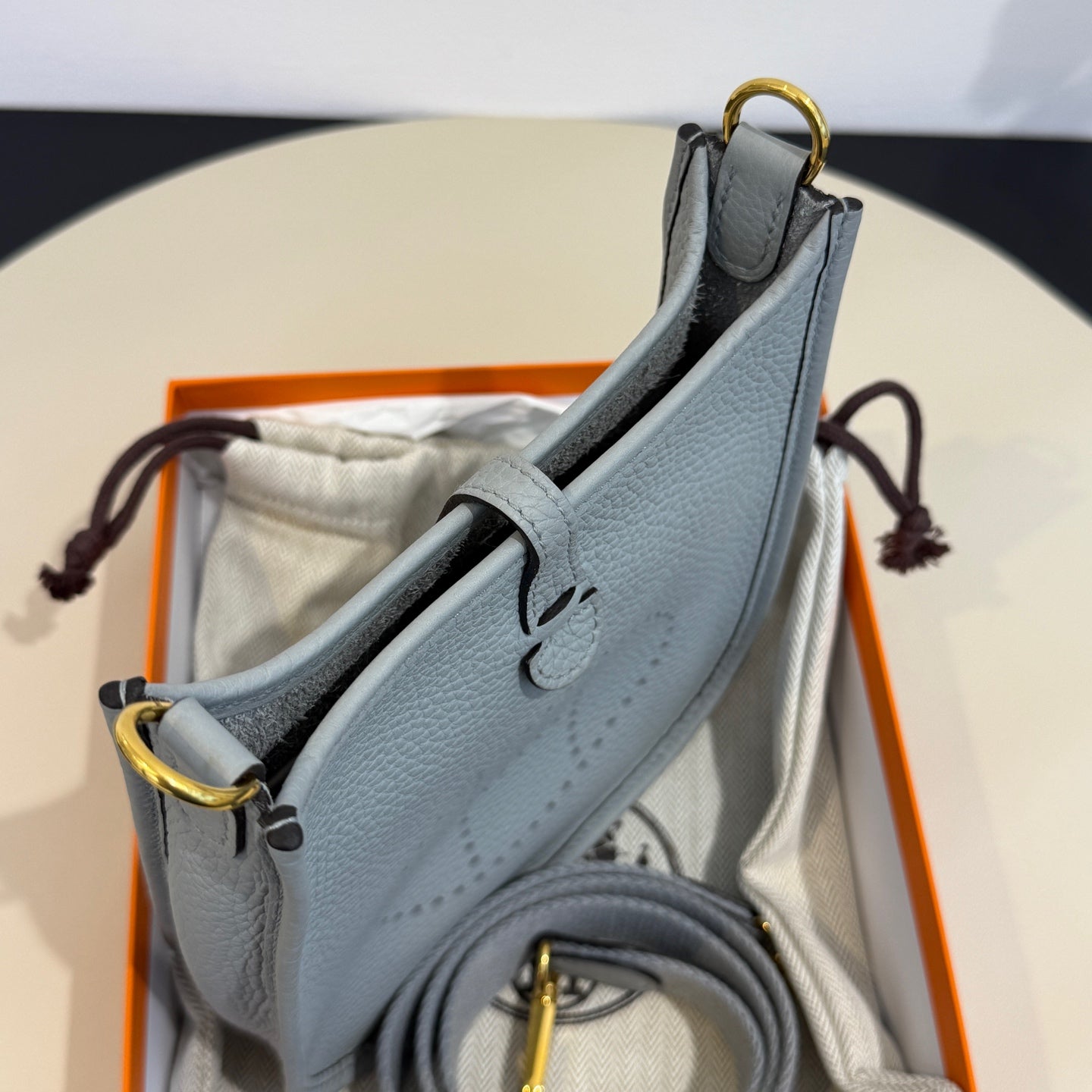 Hermès - Evelyne 16 (TPM) - Clemence leather with canvas strap - Glacier Blue with Gold-Tone Hardware - (mini)