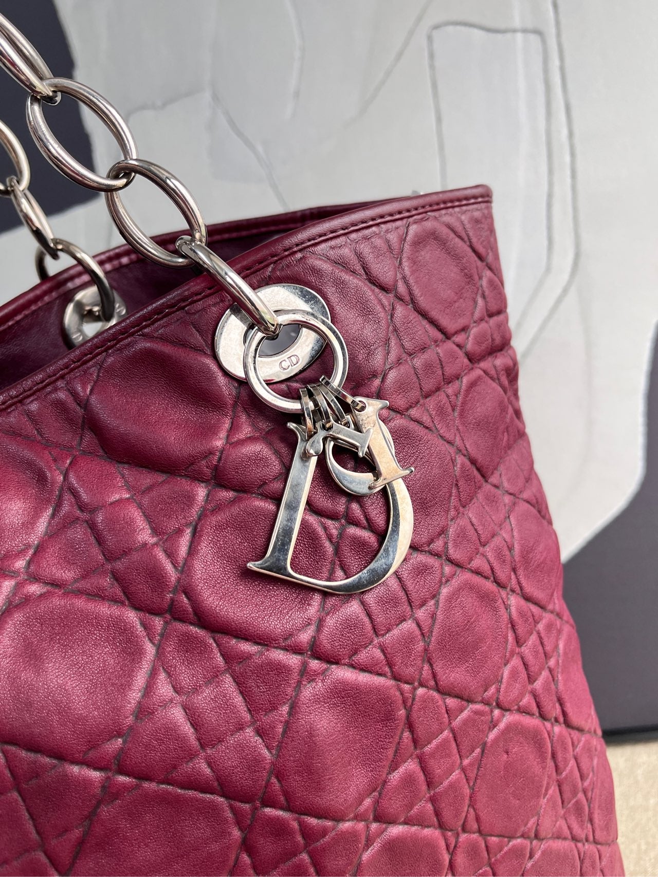 Dior - Lady Dior Cannage Tote Bag - Lambskin leather - Burgundy - (medium)