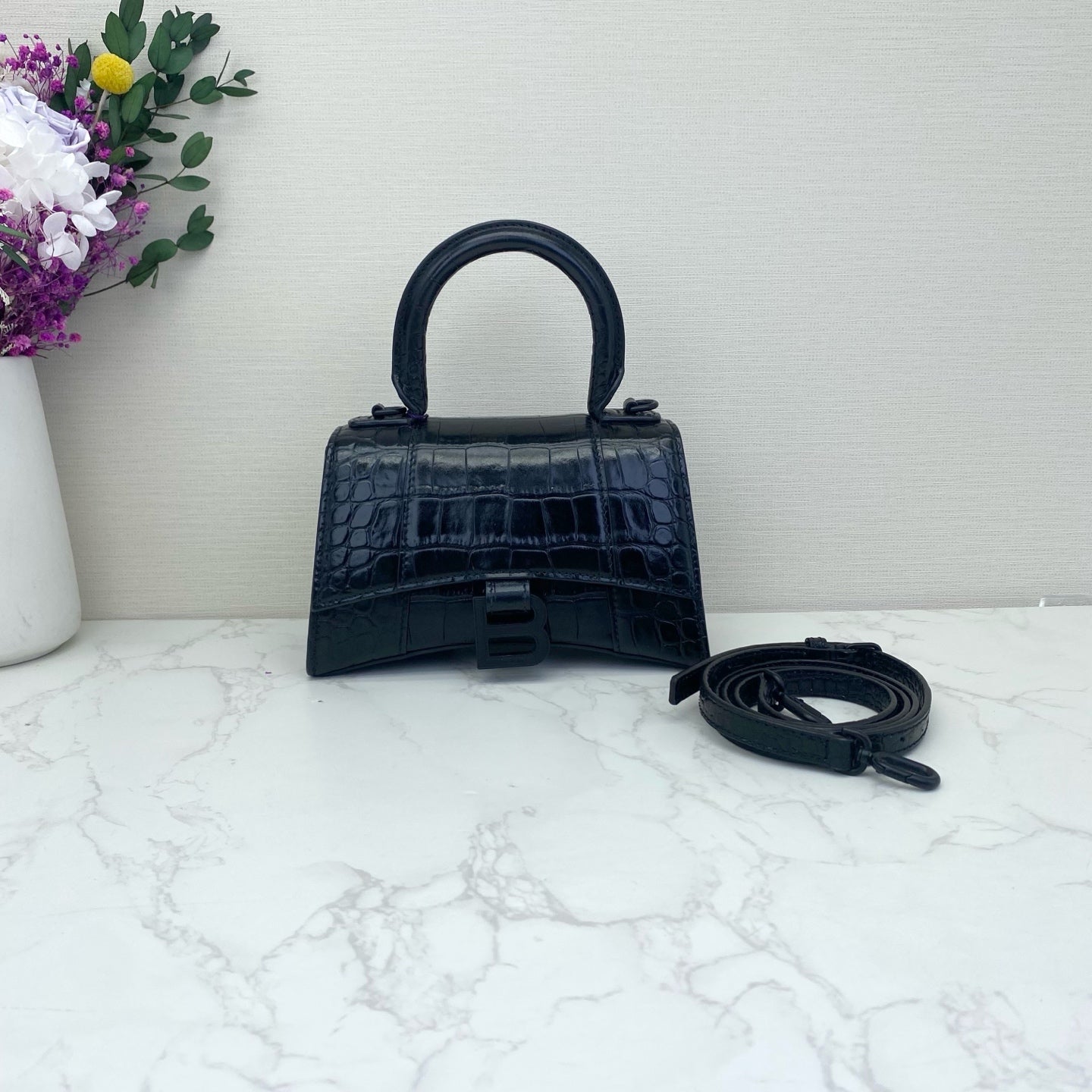 Balenciaga - Hourglass XS - Crocodile-embossed calfskin leather - Black - (mini)