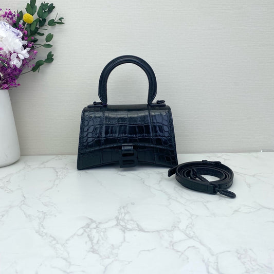 Balenciaga - Hourglass XS - Crocodile-embossed calfskin leather - Black - (mini)