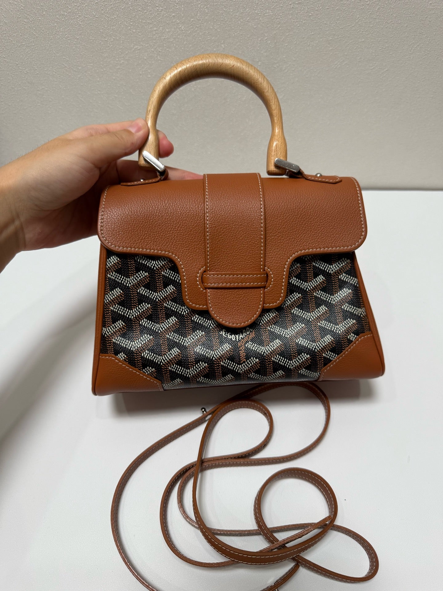 Goyard - Saïgon Mini Souple - Goyardine canvas with leather trim and wooden handle - Caramel and Brown - (mini)