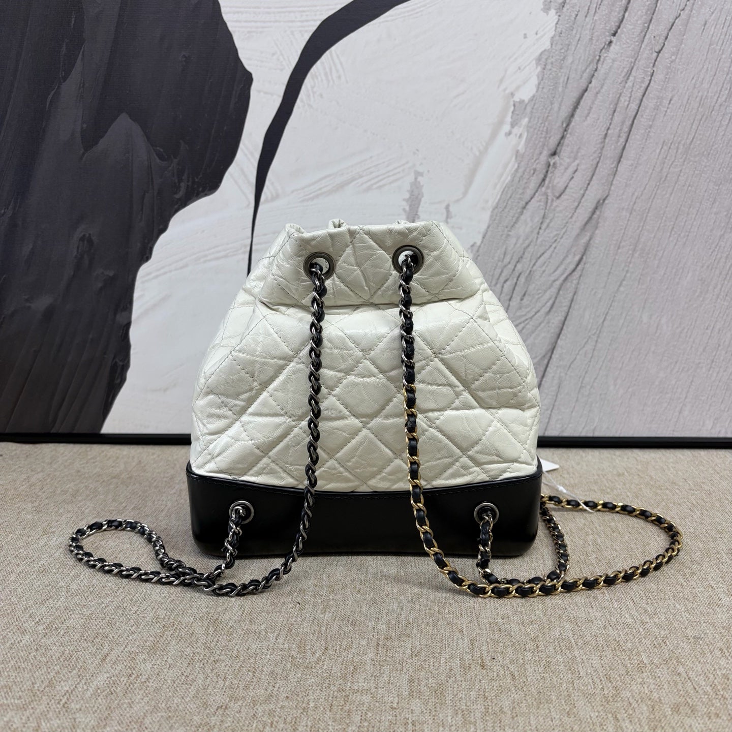 Chanel - Gabrielle Backpack - Distressed calfskin and smooth calfskin - Black and White with Silver-Tone Hardware - (Small)