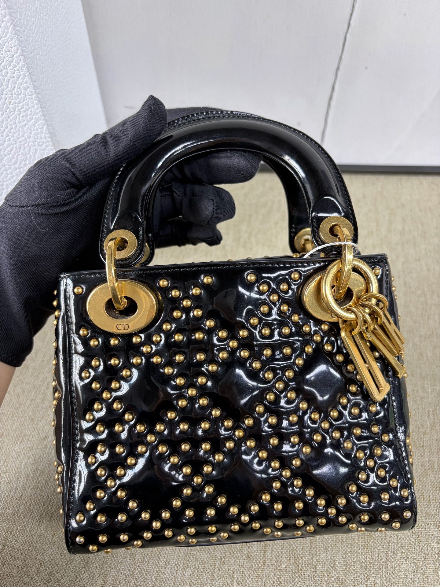 Dior - Lady Dior Mini Studded Bag - Patent leather - Black - (mini)