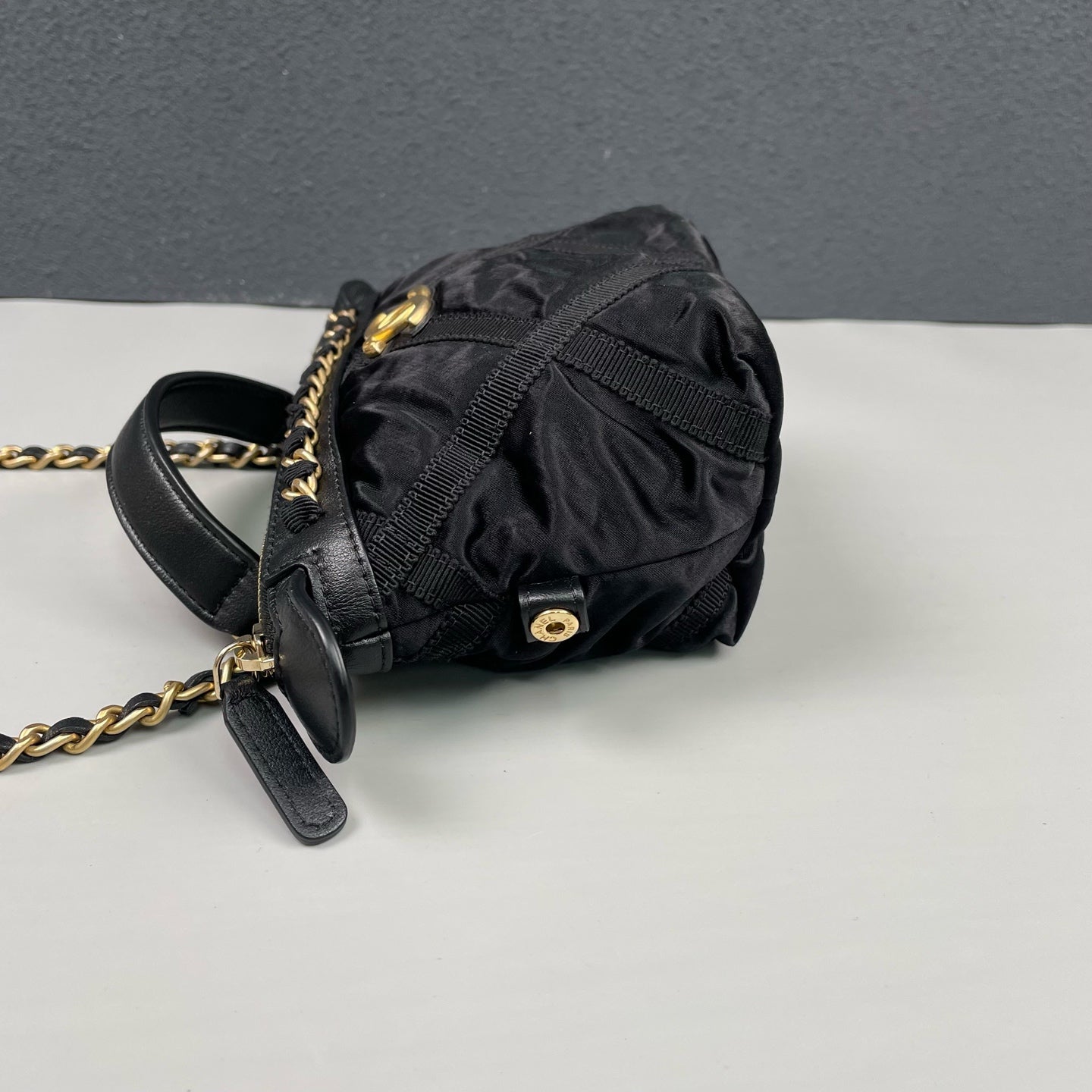 Chanel - Mini Top Handle Crossbody Pouch Bag - Satin with leather trim - Black with Gold-Tone Hardware - (Mini)