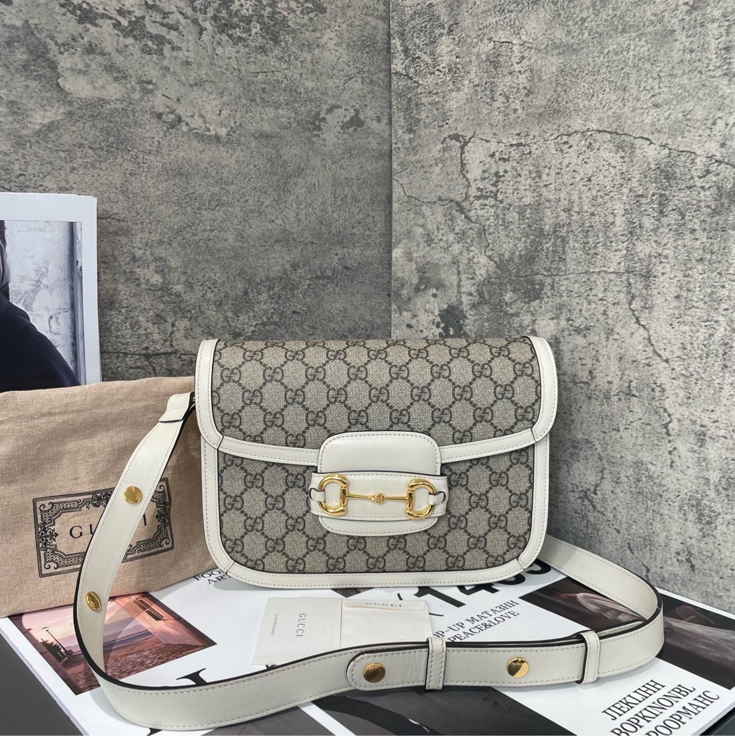 Gucci - 1955 Horsebit Shoulder Bag - GG Supreme Canvas with Leather Trim - White with Beige/Ebony Accents - (Medium)