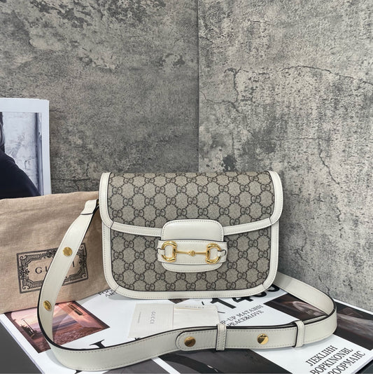 Gucci - 1955 Horsebit Shoulder Bag - GG Supreme Canvas with Leather Trim - White with Beige/Ebony Accents - (Medium)