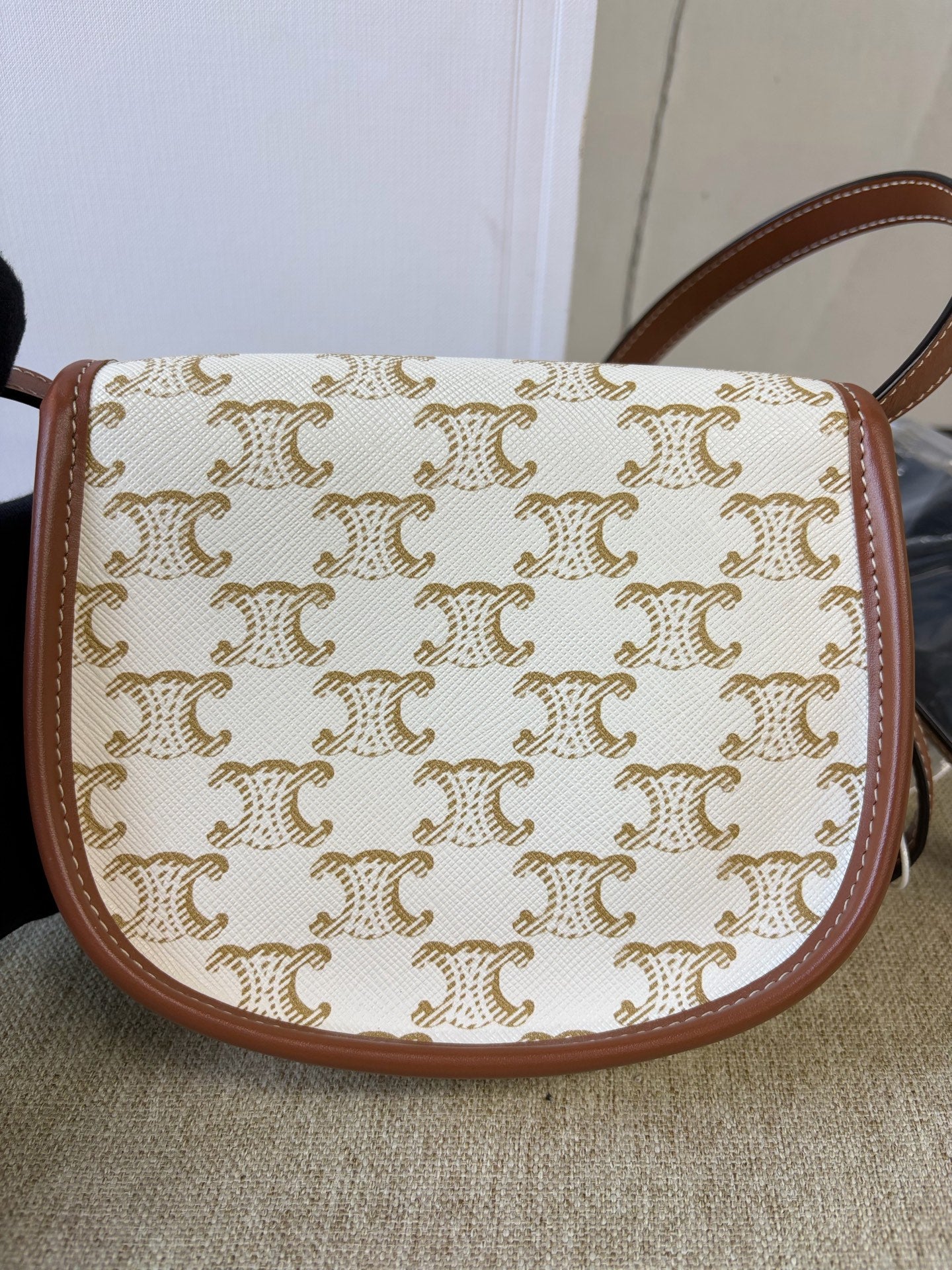 Celine - Triomphe Mini Saddle Bag - Coated canvas with leather trim - Beige and Brown - (mini)